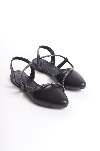 Joy Ayakkabı Hannah Elastic Orthopedic Comfortable Sole Stone Detailed Women's Ballerina Shoes Cst - Black