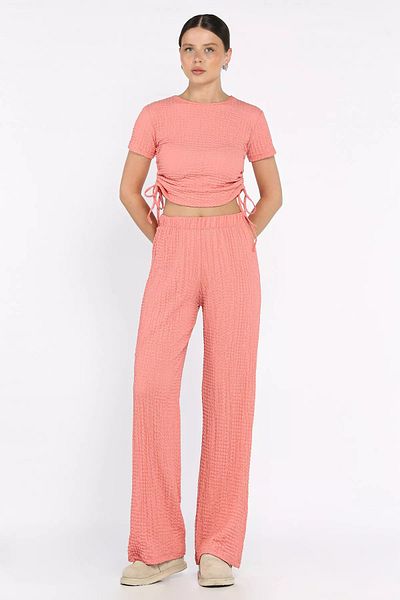 GÜLSELİ Powder Women's Self Patterned Side Gathered Blouse Trousers Double Suit
