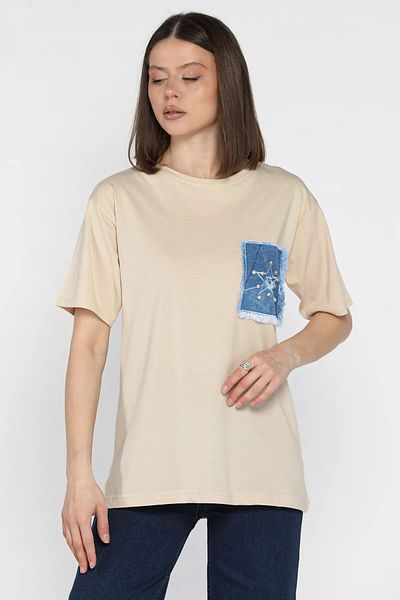 GÜLSELİ Tricou de damă garnit cu denim bej