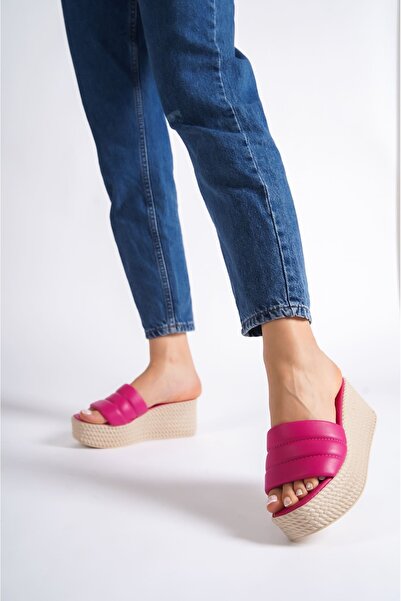 Run&Chic Reina Wedge Heeled Orthopedic Sole Straw Look Women's Slippers Ckt Fuchsia