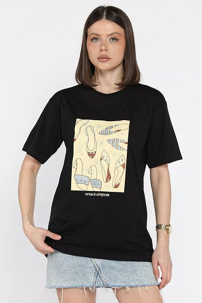 GÜLSELİ Tricou de damă negru cu decolteu rotund cu imprimeu brodat de piatră