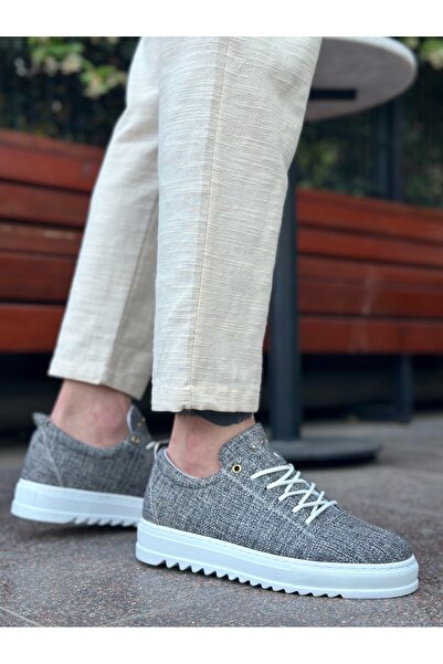 EBRUS TREND Et0152 Lace-Up High Sole Gray Melted Linen Men's Shoes