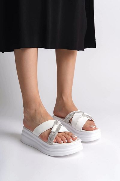 Joy Ayakkabı Ruby Flat Heeled Stone Cross Striped Thick and Orthopedic Sole Women's Slippers Bt - White