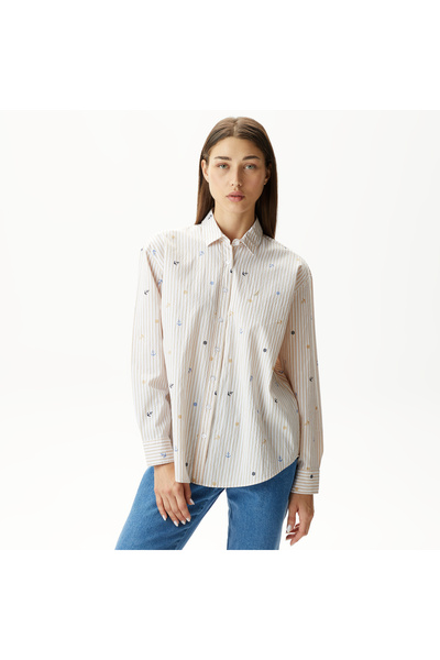 Nautica Kadın Bej Relaxed Fit Uzun Kollu Çizgili Gömlek