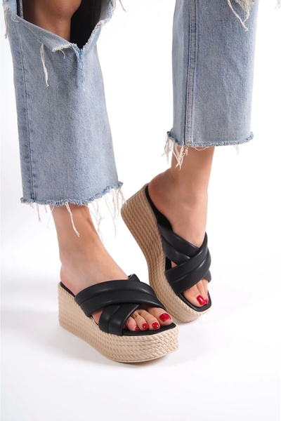 Joy Ayakkabı Joymix Wedge Heeled Orthopedic Sole Straw Look Women's Slippers Kt - Black