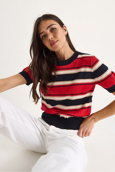 Bianco Lucci Women's Crew Neck Striped Knitted T-Shirt 20258001