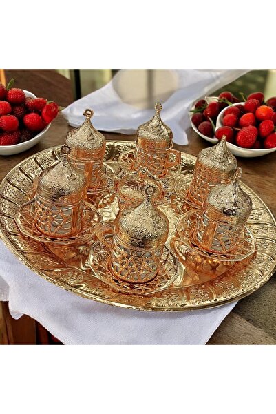 Bakır Center 6 Kişilik Fincan Takımı Eskitme - Bakır Osmanlı Desenli Motifli Türk Kahvesi Kahve Fincanı