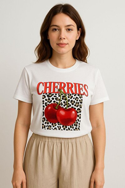 BELISTIL Tricou de damă cu model cireșe albe – Design confortabil din bumbac ...
