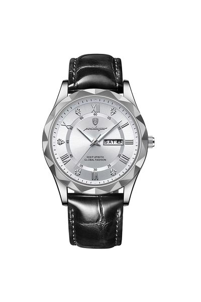 delis Men's watch Poedagar CS1778, genuine leather, black-silver, white dial