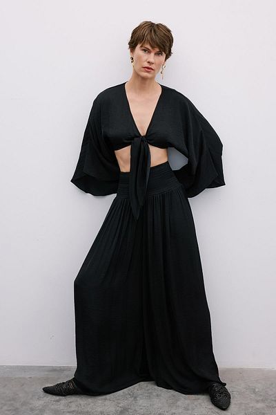 Rue Studio Black Wide Leg Pants with Corsage Detail