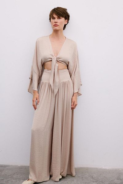 Rue Studio Wide Leg Beige Trousers with Corsage Detail