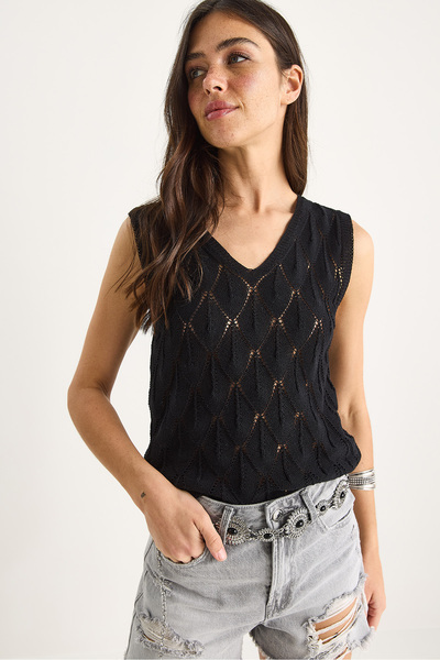 Bianco Lucci Women's V-Neck Lace Design Knitwear Blouse 20258005