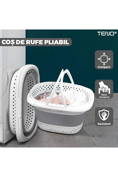 Teno Small Foldable Laundry Basket with Handles Teno®, compact, 30 liters, 42 x 32 x 28 cm, gray