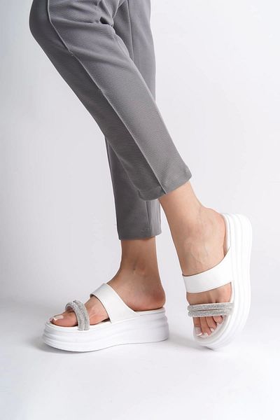 Joy Ayakkabı Sarah Flat Heeled Stone Striped Thick and Orthopedic Sole Women's Slippers Bt - White