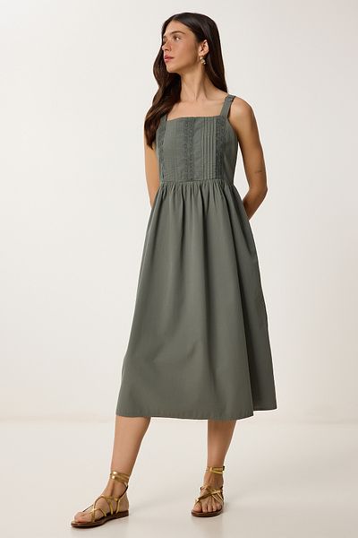 Lovelyİstanbul Φόρεμα Poplin με λουράκι με λεπτομέρεια KHAKI LRC0003