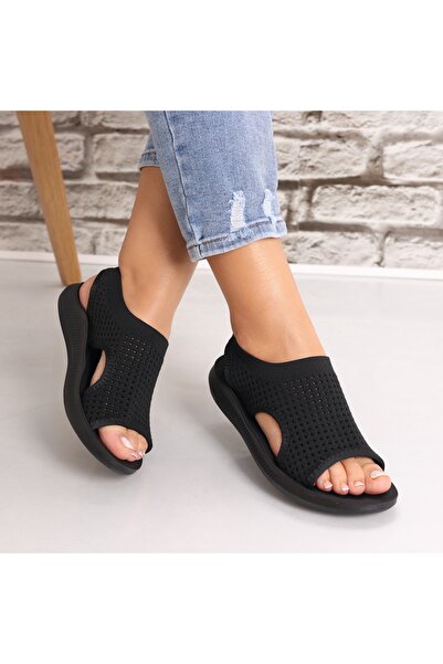 Botinelli Sandale de damă negre, fără toc, din material textil, Estella, 39