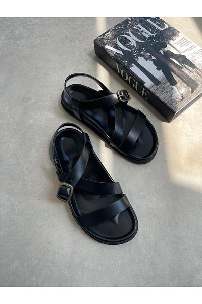 STRASWANS Vitinha Women's Flip Flops Leather Sandals Black