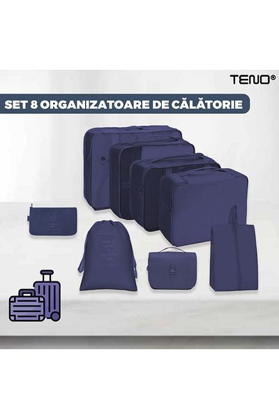 Teno Set 8 Organizatoare Teno®, pentru calatorie, inchidere cu fermoar dublu, albastru inchis