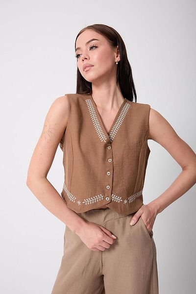 AMİDA Women's Camel Muslin Linen Embroidery Detailed Buttoned Vest - 2523