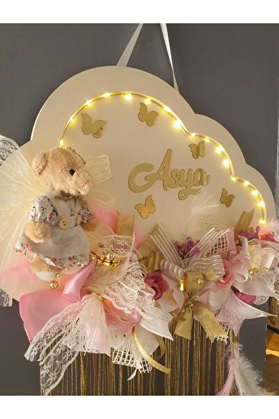 HD Different Ledli Ahşap Bulut Kurdele Çiçekli Kapı Süsü - Bebek Kapı Süsü - Pano - İsimlik