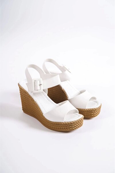 Joy Ayakkabı Perla Buckle Elastic Wedge Heeled Orthopedic Sole Straw Look Women's Sandals Ckt - White