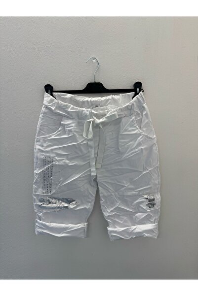 della moor Women's White Italian Stone Varaklı L Stretch Fabric Shorts