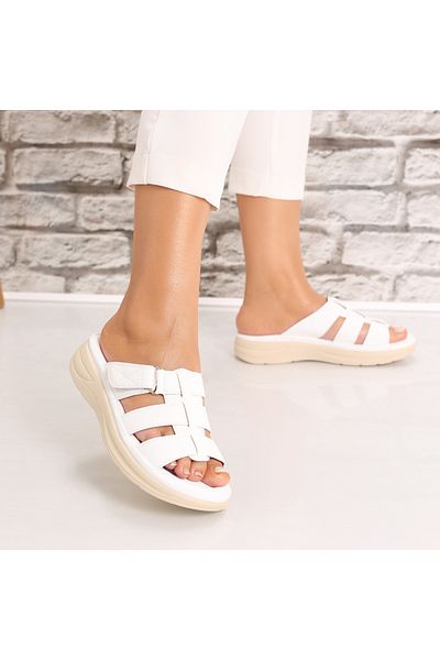 MODA STİL Women's White Flat Slippers Made of Ecological Leather Mresa, 41
