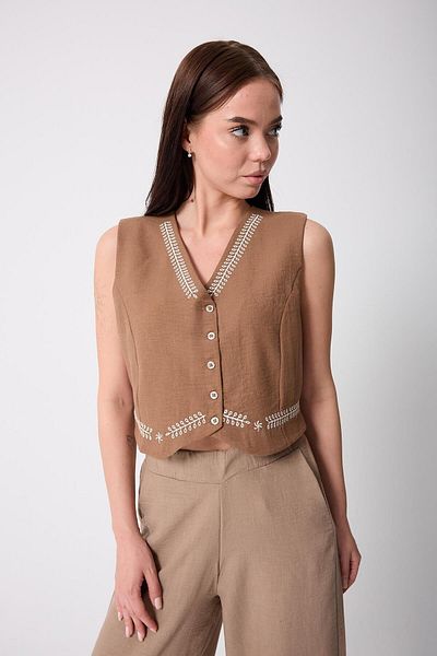 AMİDA Women's Camel Muslin Linen Embroidery Detailed Buttoned Vest - 2523