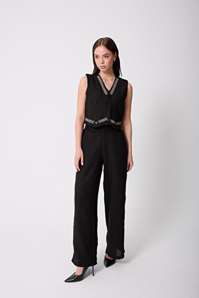 AMİDA Women's Black Muslin Linen Embroidery Detailed Buttoned Vest - 2523