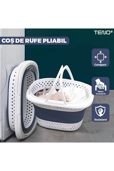 Teno Small Foldable Laundry Basket with Handles Teno®, compact, 30 liters, 42 x 32 x 28 cm, blue