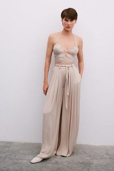 Rue Studio Wide Leg Pleated Beige Trousers