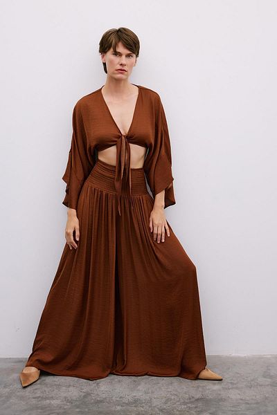 Rue Studio Belt Detailed Wide Leg Brown Trousers