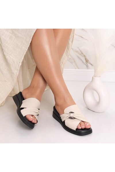 Botinelli Papuci de damă bej cu platformă, din piele Atelya, 40