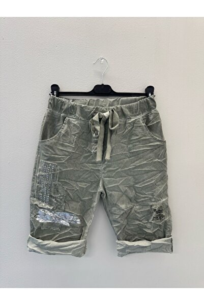 della moor Women's Khaki Italian Stone Varaklı L Stretch Fabric Shorts