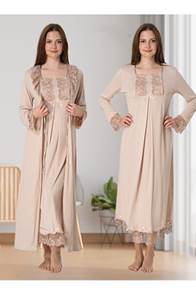 Pelin طقم ثوب نوم نسائي للحوامل بأكمام طويلة من الدانتيل المنك