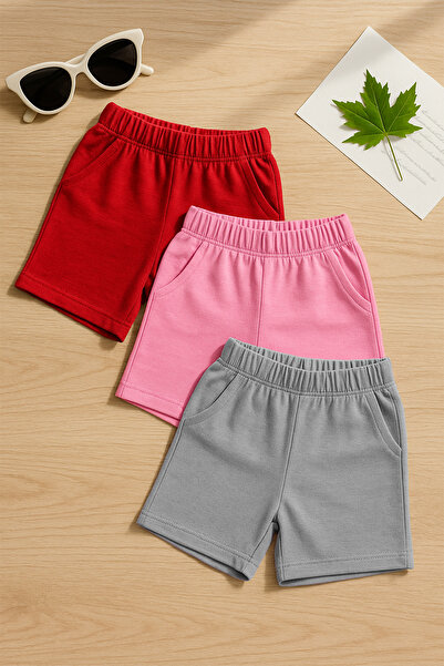 TARZ STİL Yeni Sezon Kaliteli 3'lü Cepli Compakt Penye Kız Çocuk Şort Seti