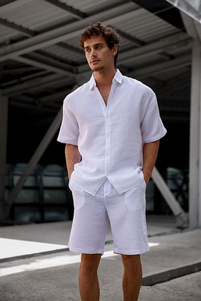Pobudo White Color Linen Look Muslin Summer Suit - Shirt and Shorts Men's Suit