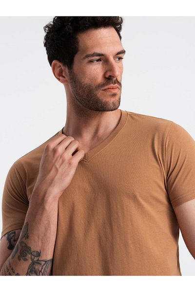 OMBRE Herren BASIC klassisches Baumwoll-T-Shirt mit V-Ausschnitt - braun V9 OM-TSBS-0145 M