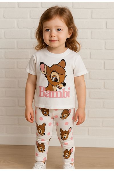 Kidmark Çocuk Modası Girls' 100% Cotton Double Suit with Bambi Printed Leggings