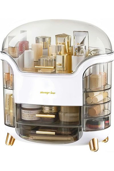 Toy Box Treasures Makeup Organizer and Storage, Cosmetics Organizer Box for Countertop with Lid & Drawers, Cosmetics S