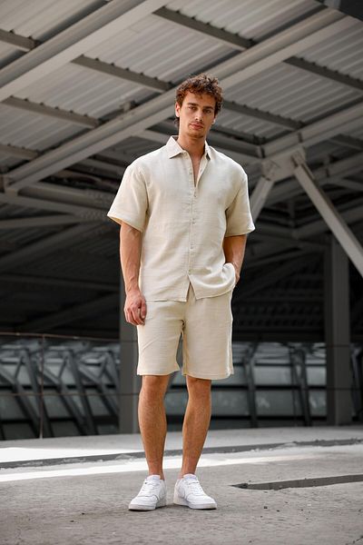 Pobudo Cream Color Linen Look Muslin Summer Set - Shirt and Shorts Men's Set