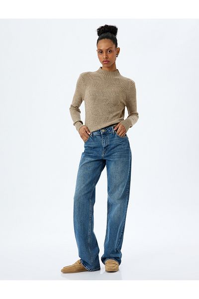 Koton Stand Collar Long Sleeve Openwork Knitwear Sweater