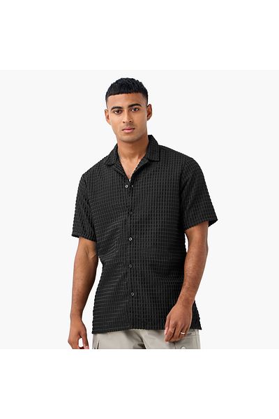 FAV Regular Fit Dobby Textured Shirt with Camp Collar and Short Sleeves