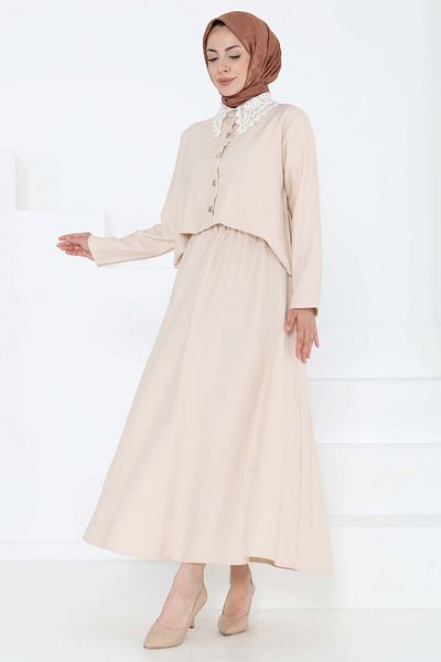 TOFİSA Lace Collar Double Suit Beige - 27179