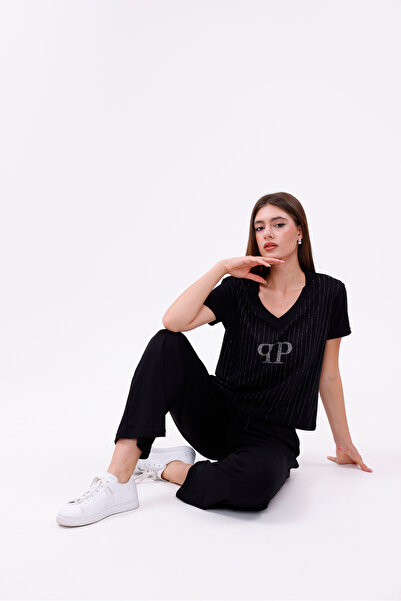 VeraBella Women's Stoned Modal Fabric Basic Short Sleeve Tracksuit Set