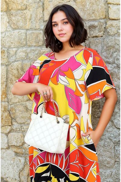 Burcumay Women's Patterned Short Sleeve Pocket Ruffled Viscose Midi Plus Size Dress Summer Beach Vacation Dress