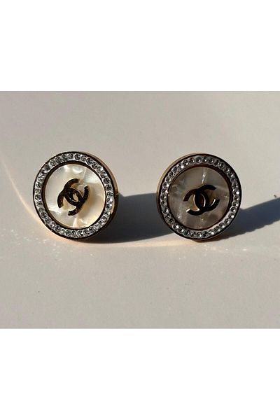 juleeco Cc Brand Model Gold Steel Earrings with Zircon Stones Around and Inside Enamel
