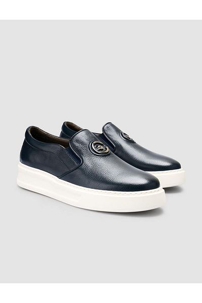 Cabani 100% Genuine Leather Navy Blue Logo Detailed Men's Casual Shoes