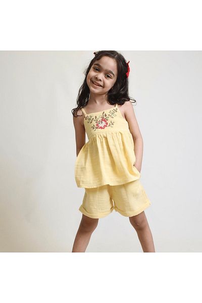 OZZY KİDS Girl's Shorts Set – Cross Stitch Embroidered Muslin Fabric