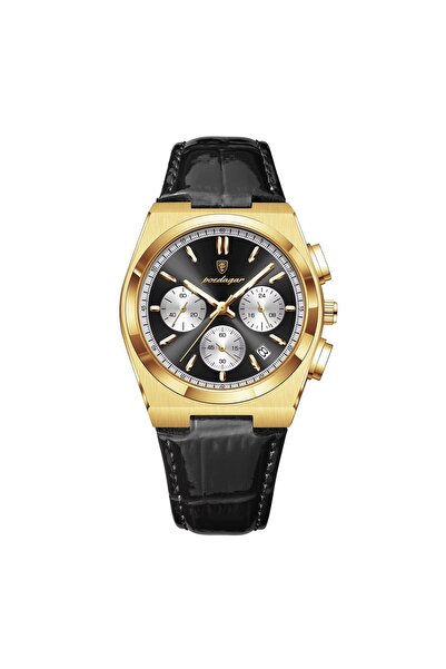 delis Ceas barbatesc Poedagar CS1873, piele naturala, negru-auriu, cadran negru